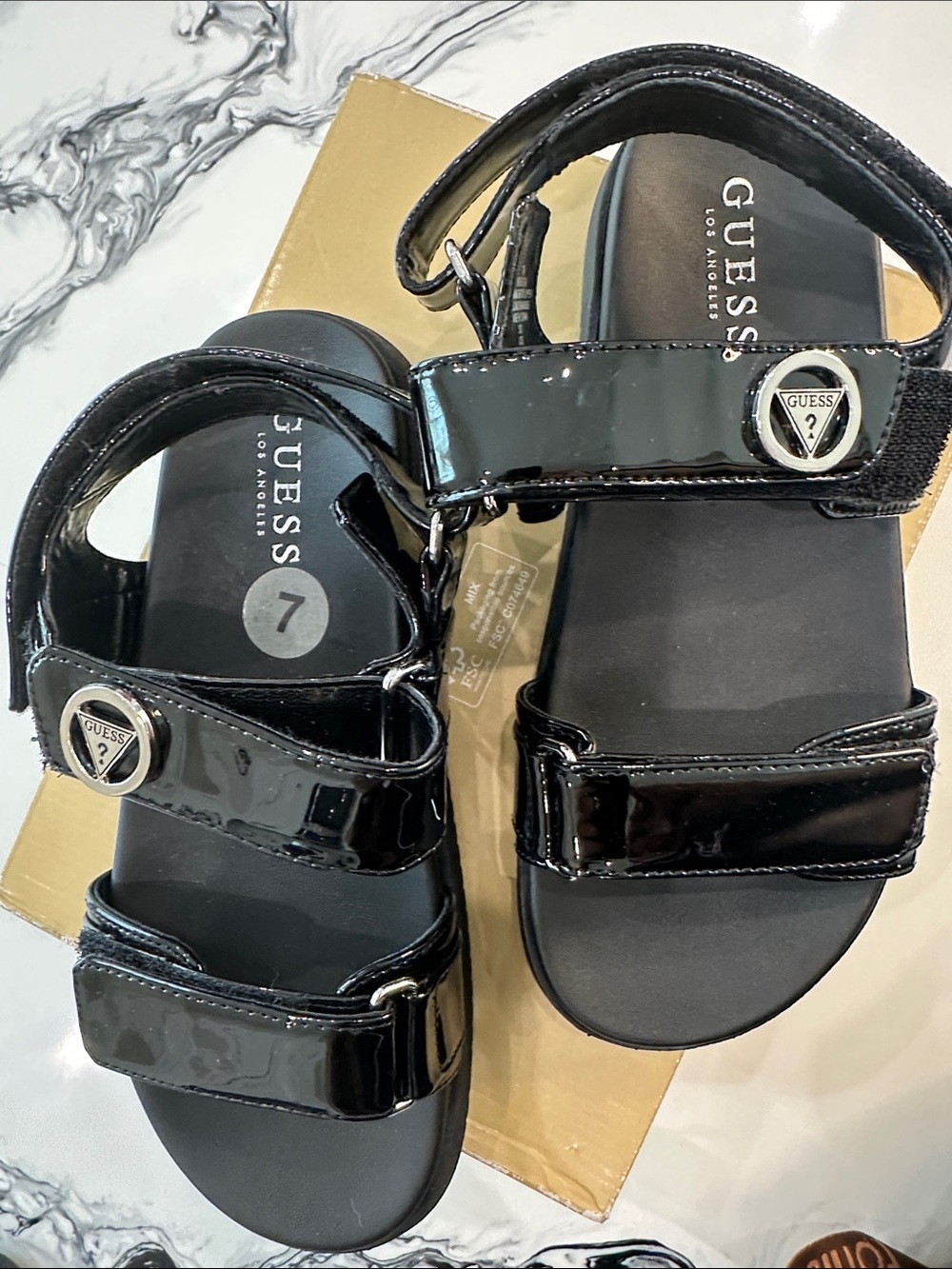 GUESS Black Patent Leather Strappy Velcro Sandals